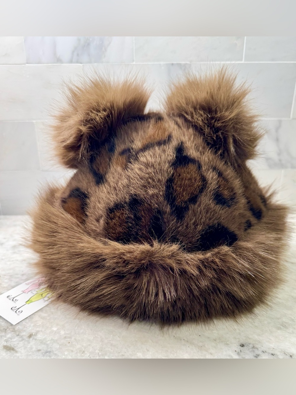New Winter Mink Brown Color Leopard Print Faux Fur Hat w/ Bear Ears - Adult Size